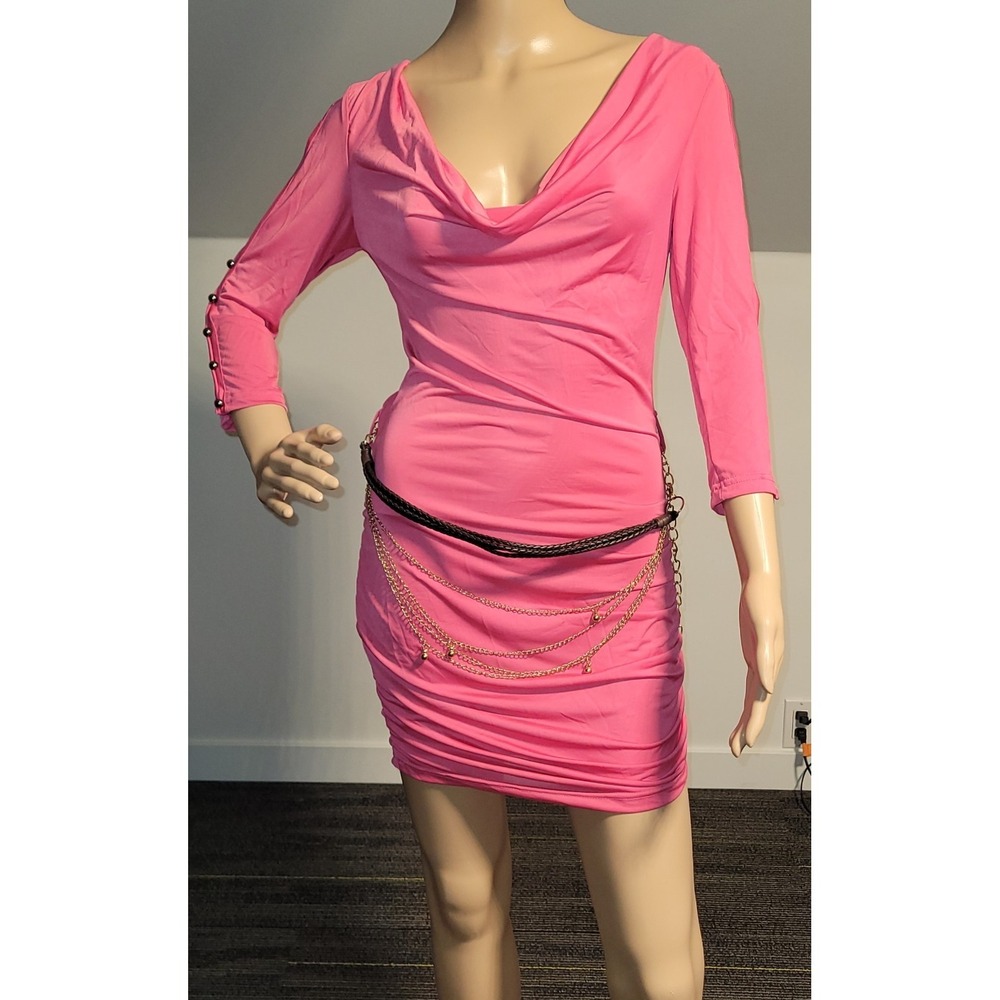 Sexy Women Pink‎ Mini Stretch Dress with Gold Chain  Accent  Small SL2907